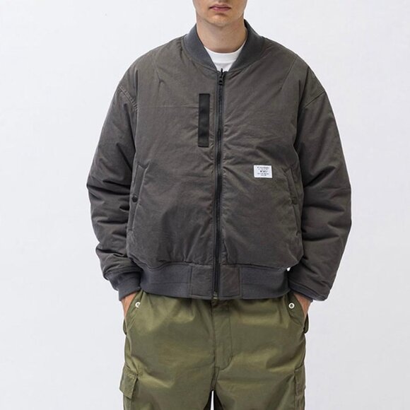 Grey Nylon Bomber Jacket With Logo Patch - Picture 1 of 6